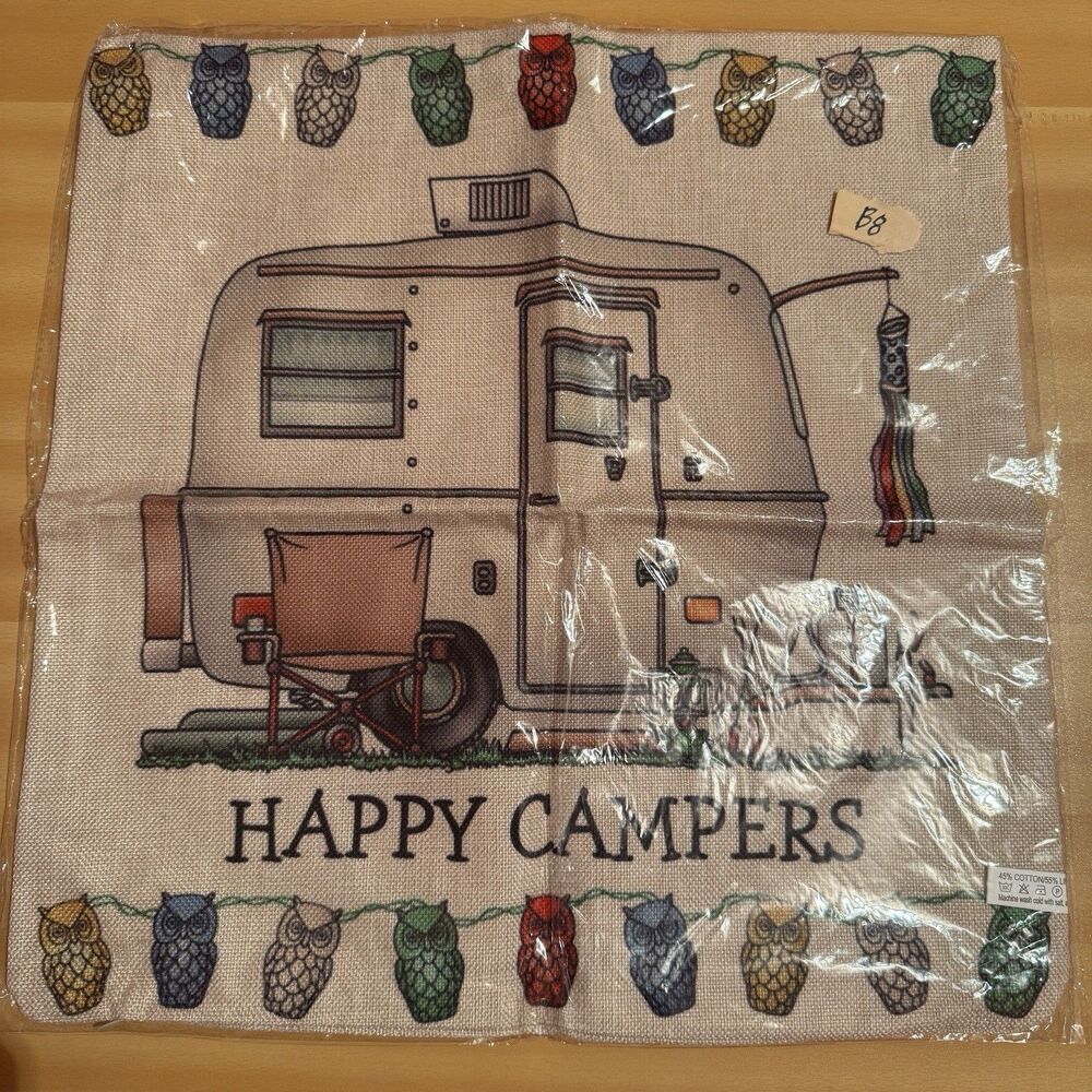 3/$15 Square Pillow Cover Light Brown Happy Camper Linen Cotton Home Decor New